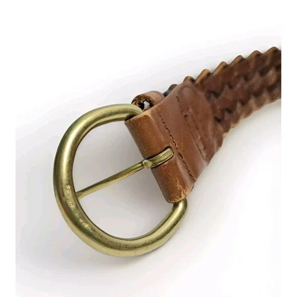 LL BEAN Braided Weaved Brown Leather Belt Solid Brass Buckle F817 32 - Picture 4 of 5